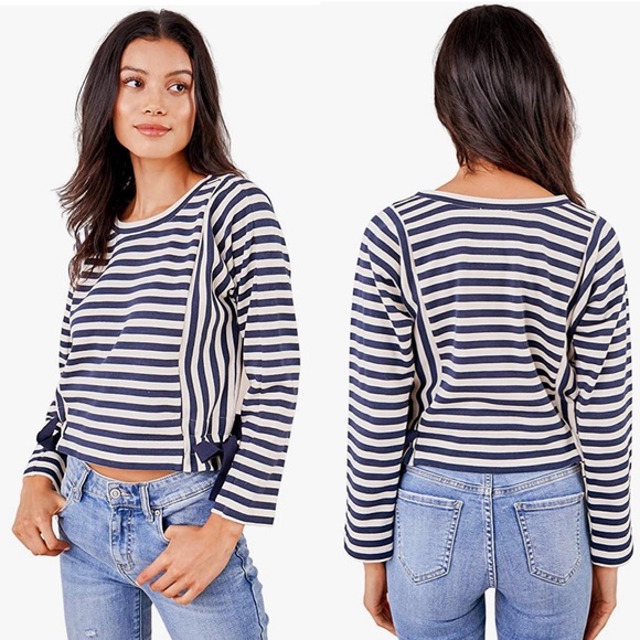 {SugarLips} True Blue Striped Long Sleeve Crop Top - Picture 2 of 5